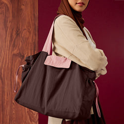 Dark brown Duo Tote Bag from TudungPeople, showing a spacious accessory bag with dual handles and sleek design.