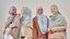 Four smiling women in pastel shawls and neutral outfits
