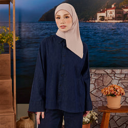 Dark blue denim loose top by TudungPeople, featuring a relaxed fit and casual style, perfect for everyday wear.