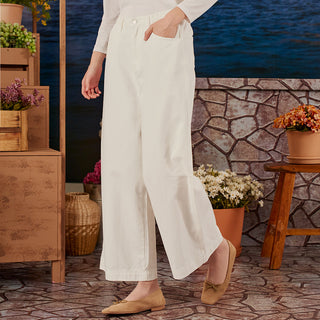 White denim wide pants from TudungPeople, showcasing relaxed fit and stylish design, perfect for casual or trendy outfits.