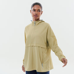 Lightweight pale olive half zip parka from TudungPeople, showing the casual, breathable outerwear with a zip collar and relaxed fit.