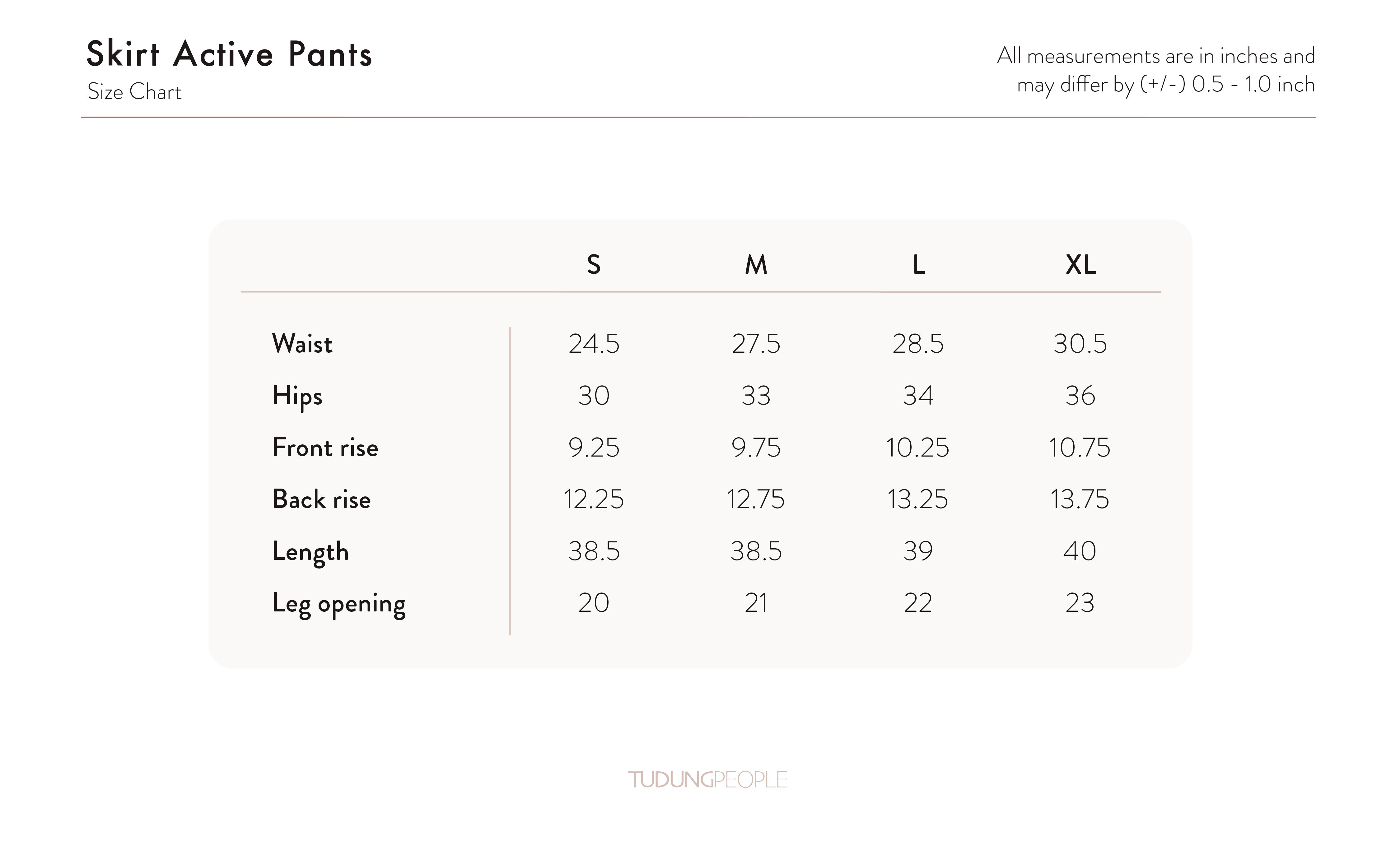 Skirt Active Pants Size Chart