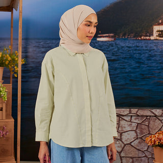 TudungPeople Stripe Shirt in daydream beige with vertical white and brown stripes, casual apparel for everyday wear.