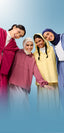 Four smiling women in TudungPeople activewear against a blue backdrop: a fuchsia jacket and pants, a dusty-rose half-zip pullover, a yellow hooded anorak, and a periwinkle utility jacket with wide pants and navy hijab.