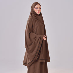 Dark brown Aman Luxe Prayerwear from TudungPeople featuring modest, comfortable prayer clothing with elegant design details.