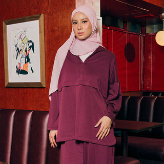 Burgundy TudungPeople half zip sweatshirt, casual apparel with a front zipper and comfortable fit, displayed on a white background.