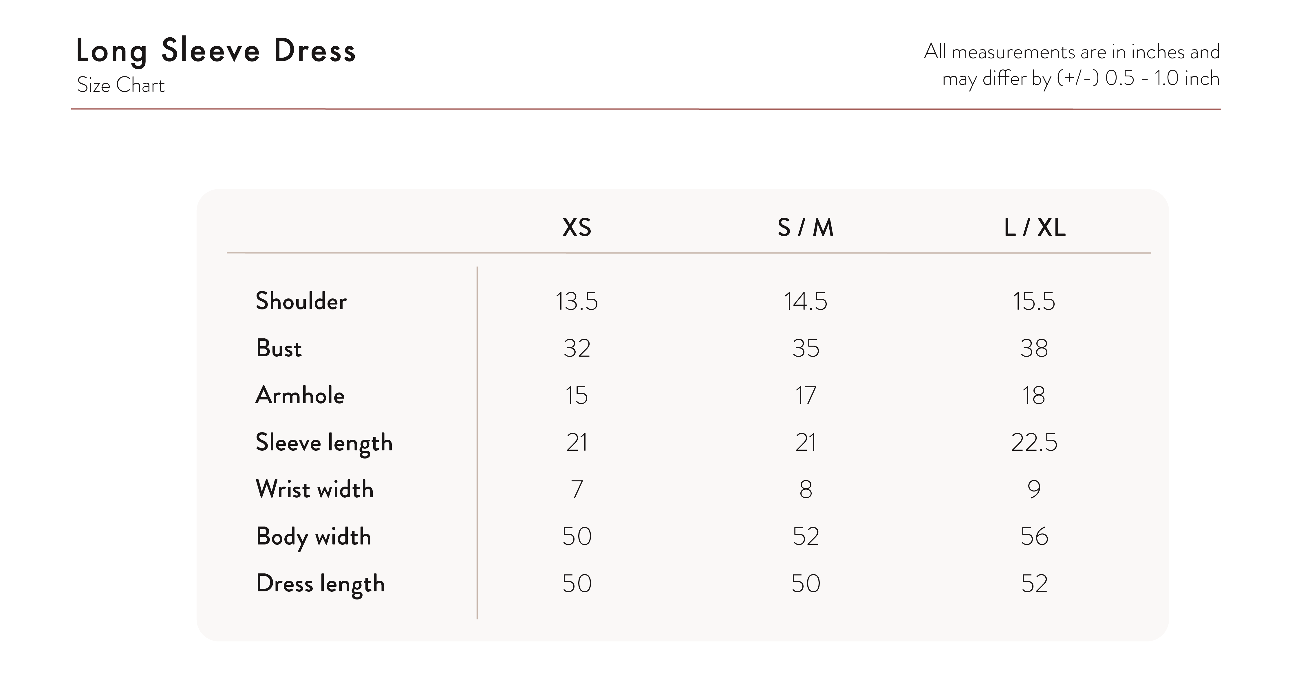 Inner Long Sleeve Dress - Dark Brown Size Chart