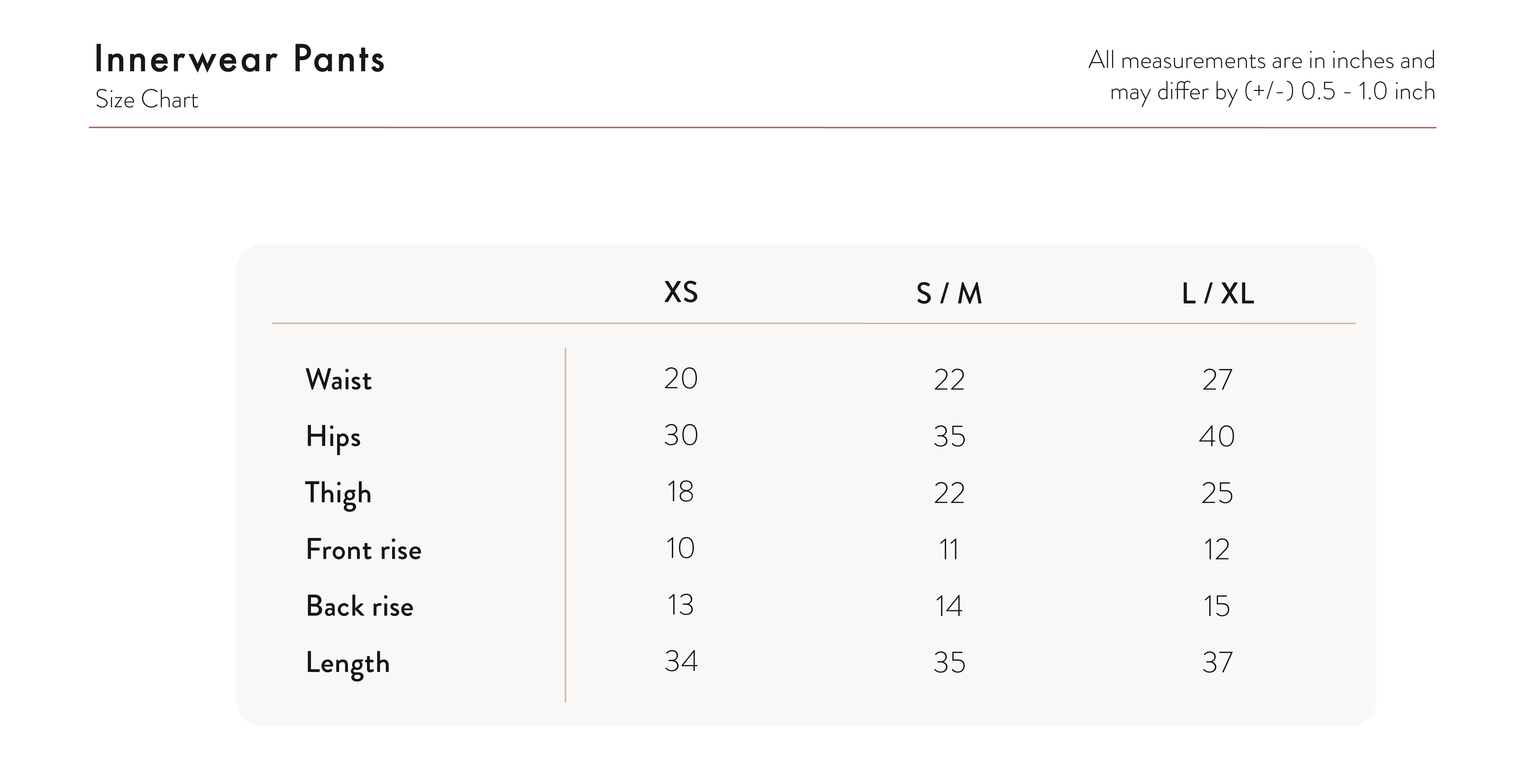 Inner Pants Size Chart