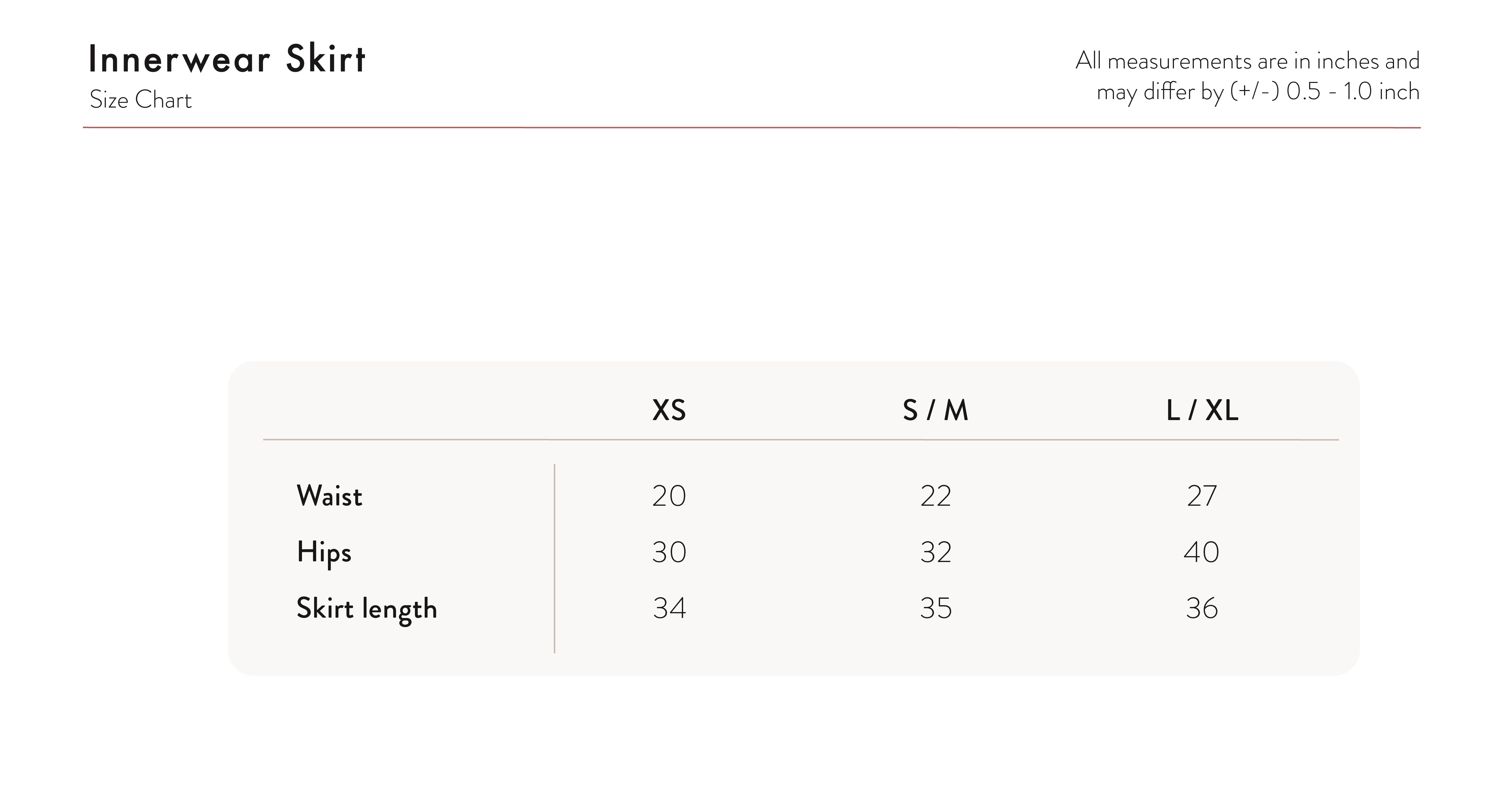 Inner Skirt - Black Size Chart