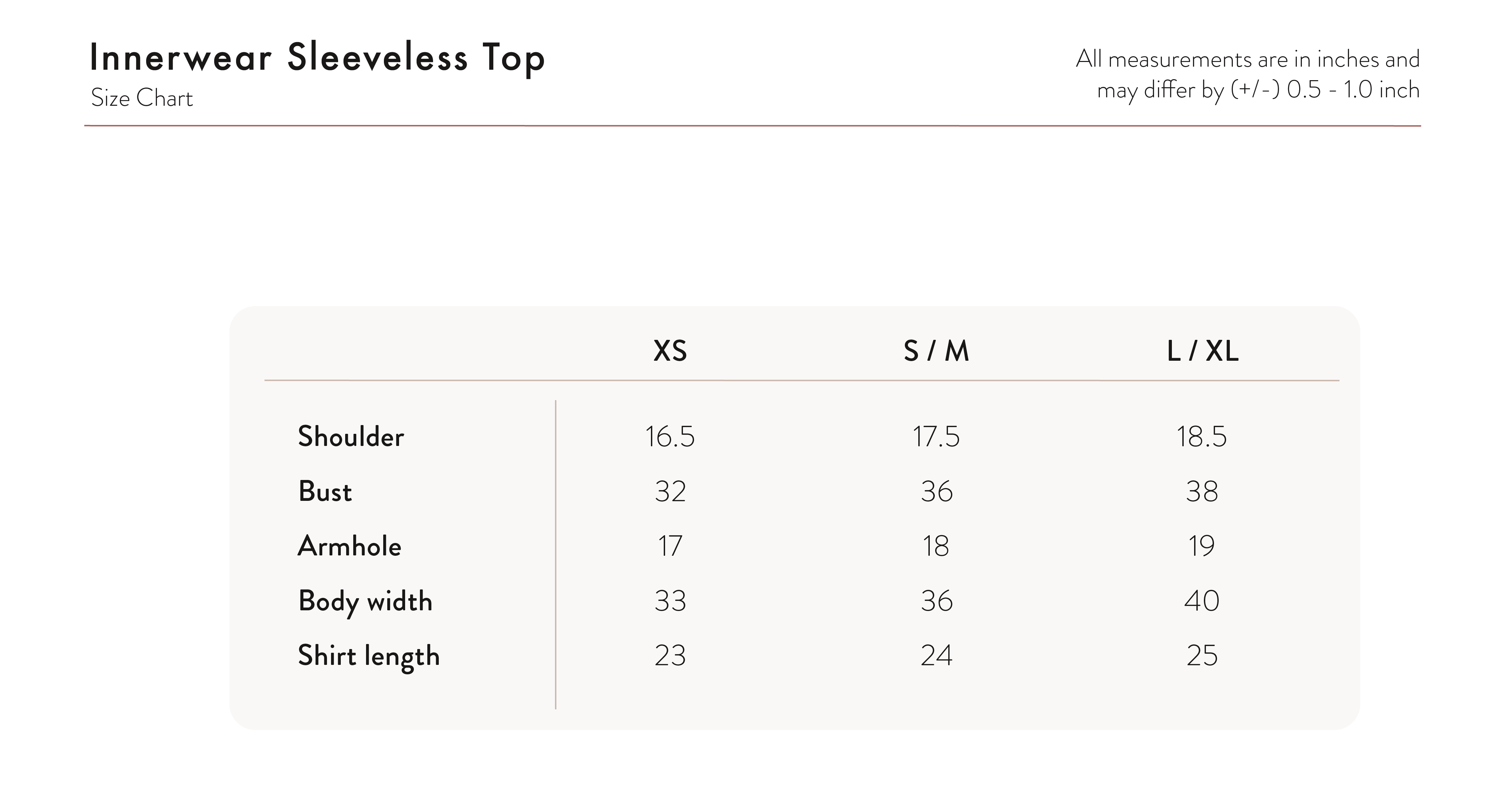 Inner Capsleeve - Light Nude Size Chart