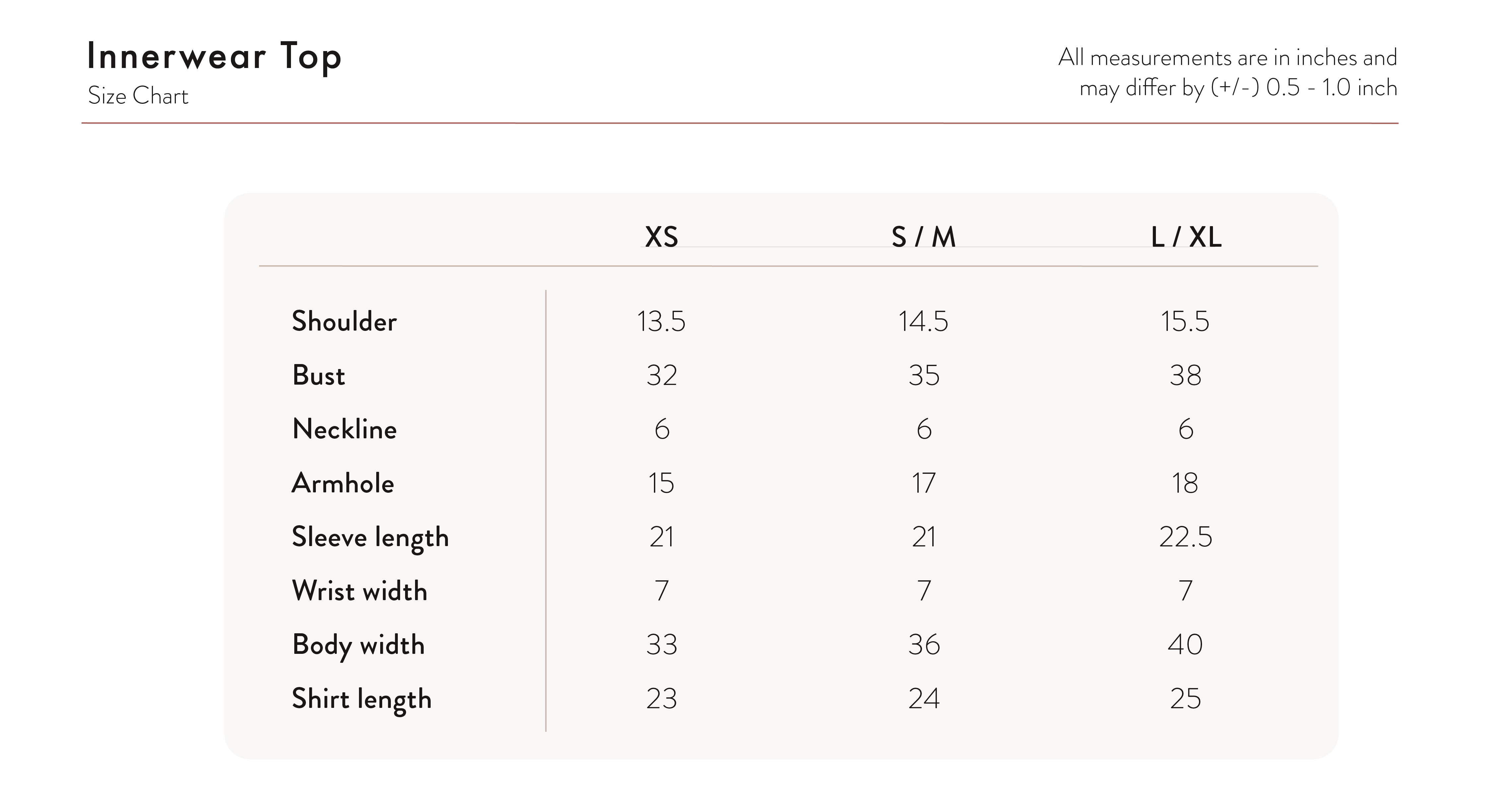 Inner Top - Black Size Chart
