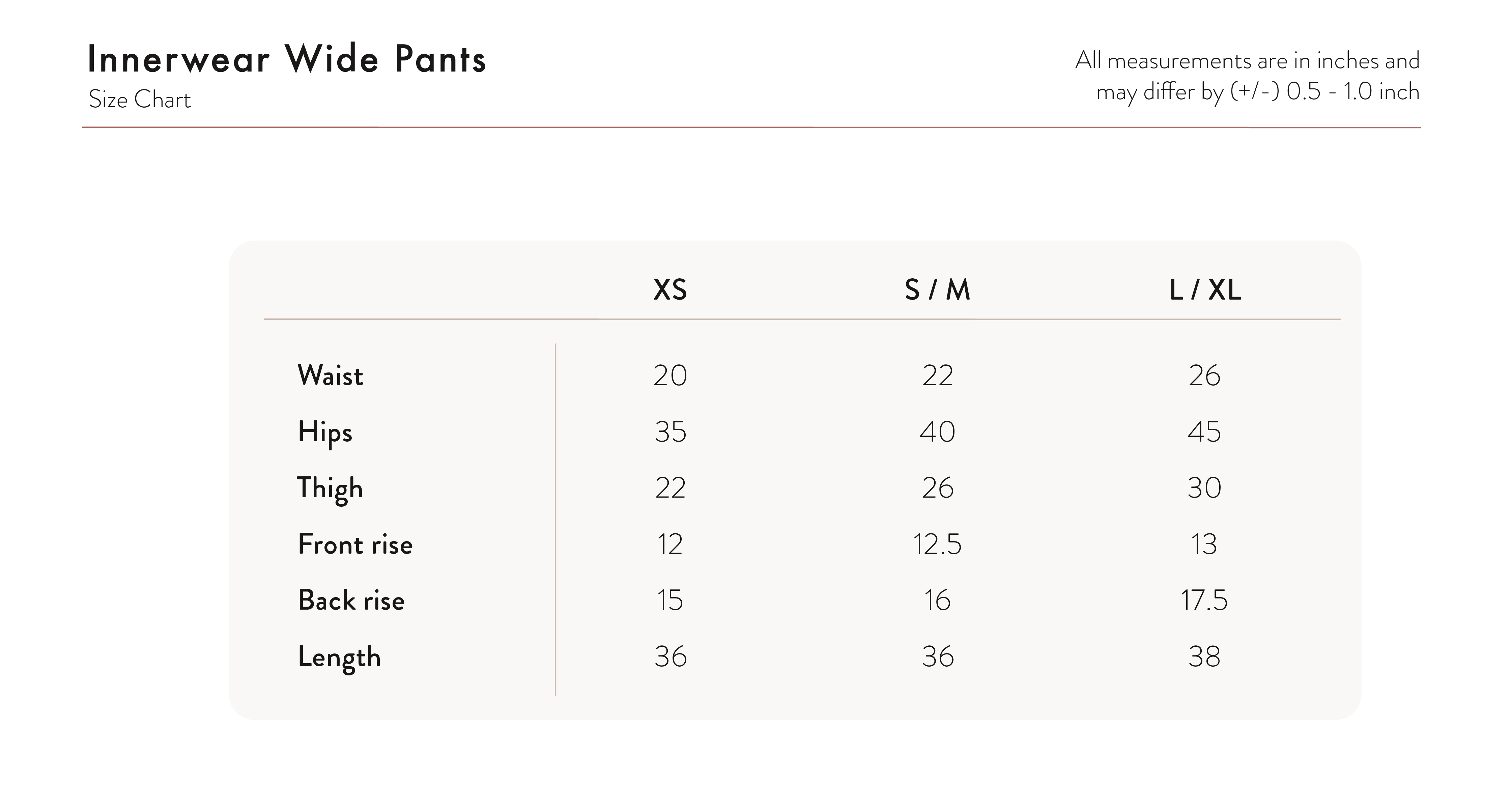 Inner Wide Pants - Blush Size Chart