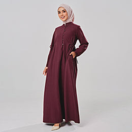 Linen Gathered Dress - Burgundy
