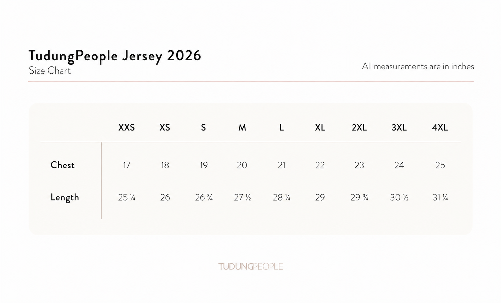 TudungPeople Jersey 2026 Size Chart
