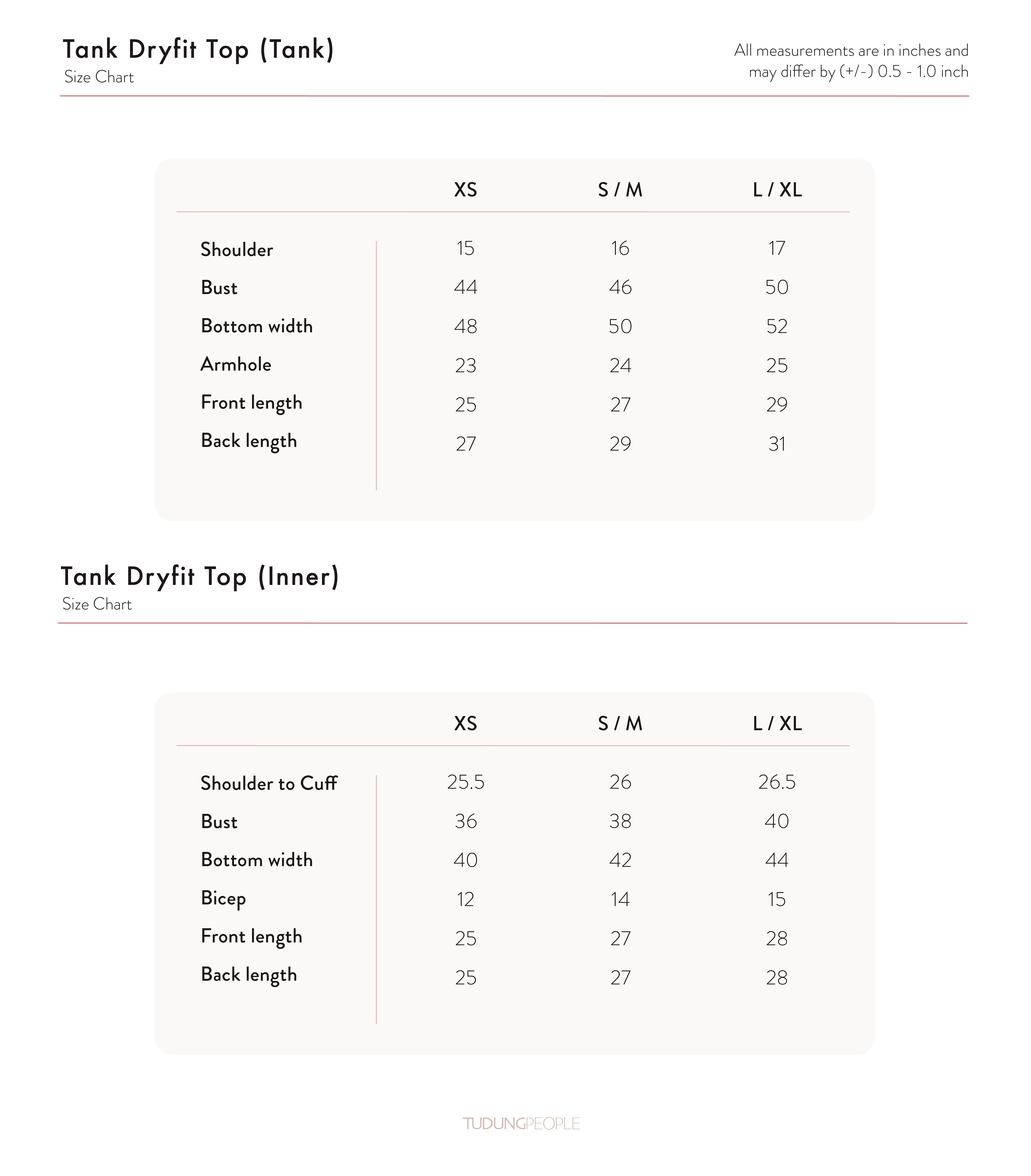 Tank Dryfit Top - Black Size Chart
