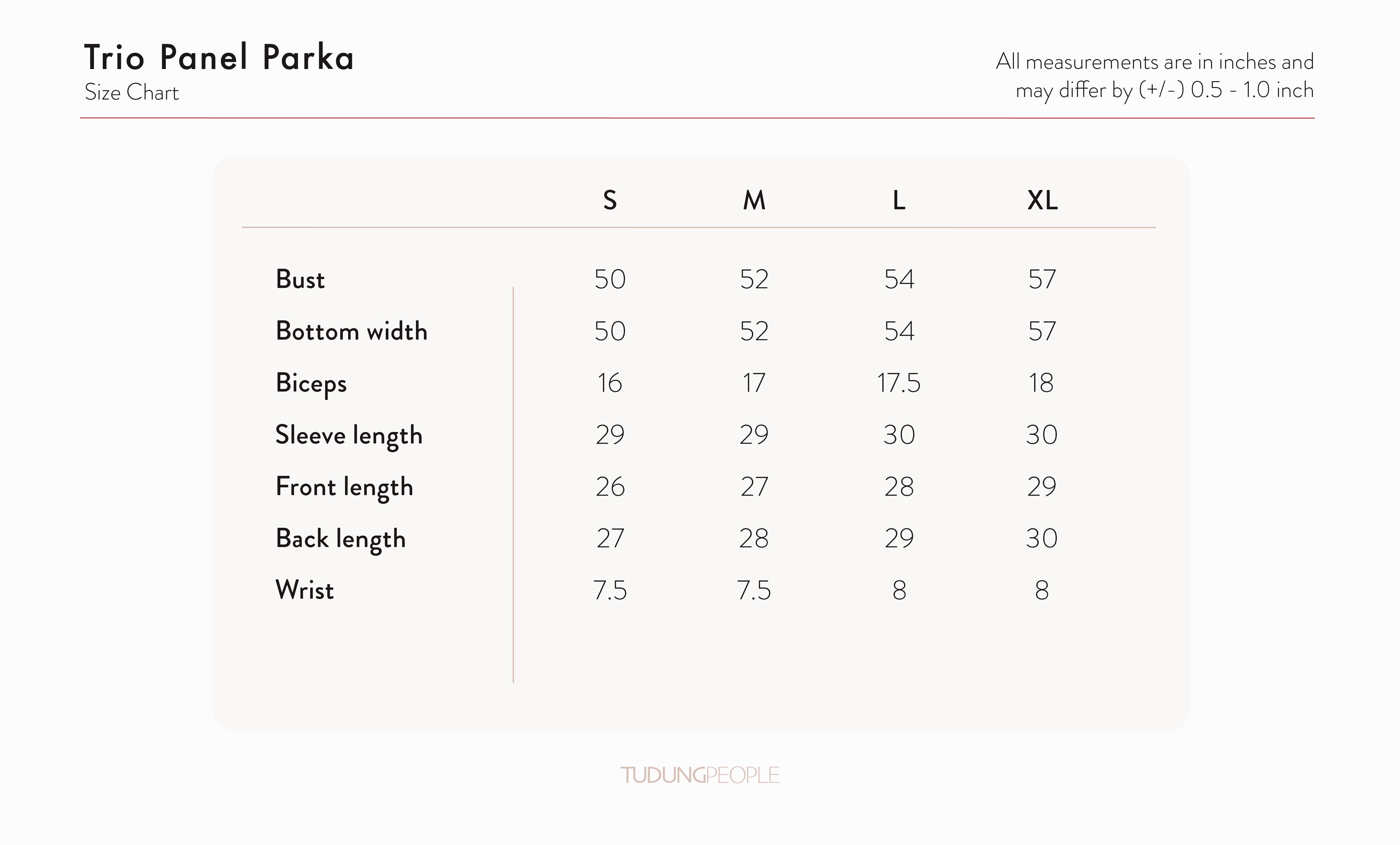 Trio Panel Parka Size Chart